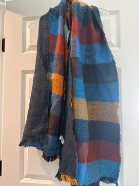 Sonoma Plaid Wrap Scarf in Blue, Red & Mustard